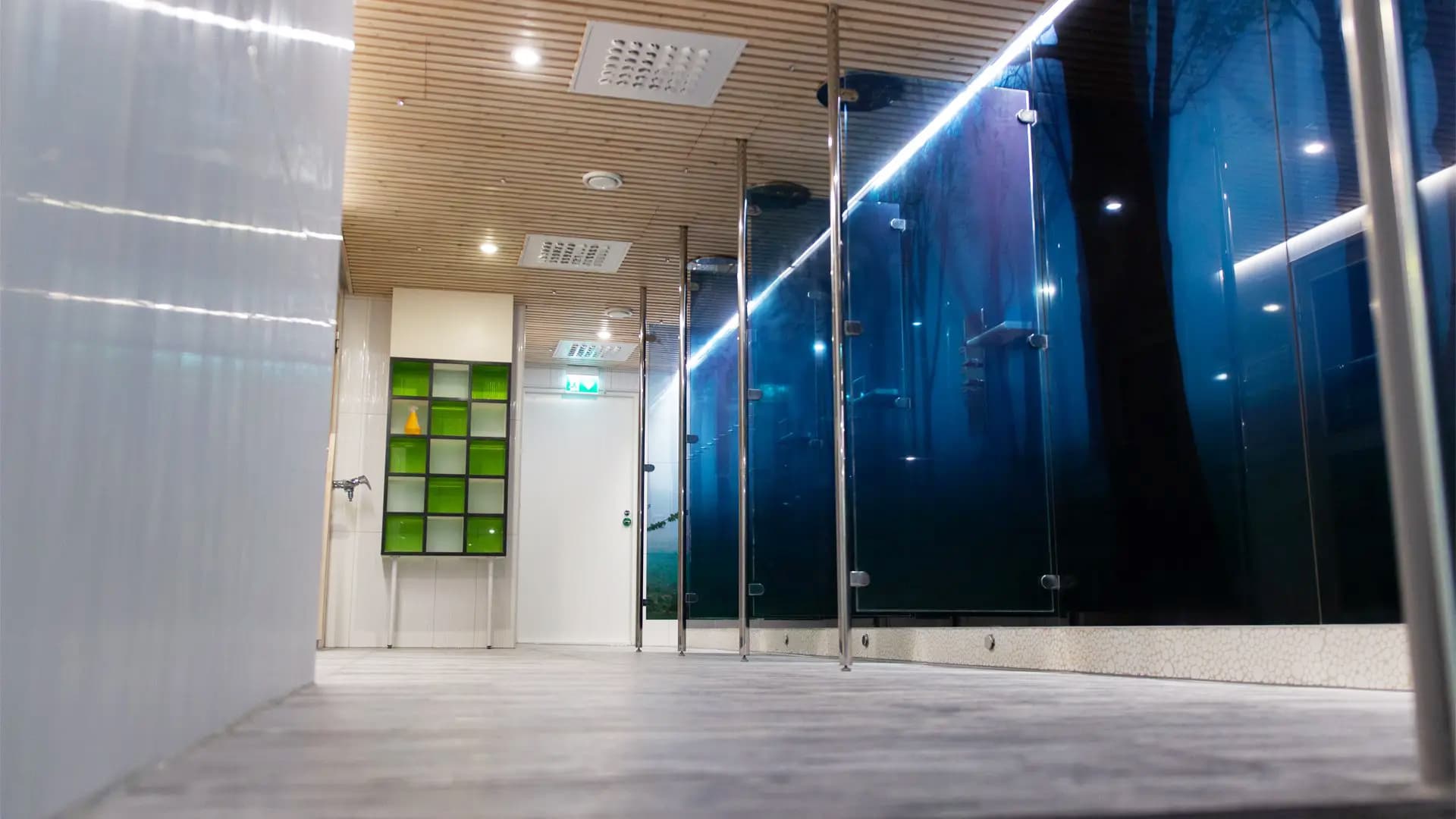 Moderni yrityksen pesutilaympäristö lasiovilla
