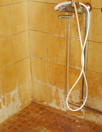 Vevex kylpyhuonehuolto oli tarpeessa tähän porakaivosta tulleen veden takia likaantuneeseen pesutilaan. Ennen kuva.